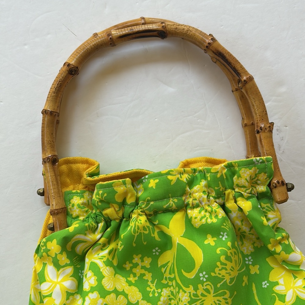 True Vintage 70’s Pulitzer De Lanthe Printed Purse Bamboo 60’s Bermuda Bag Tote - Picture 8 of 17
